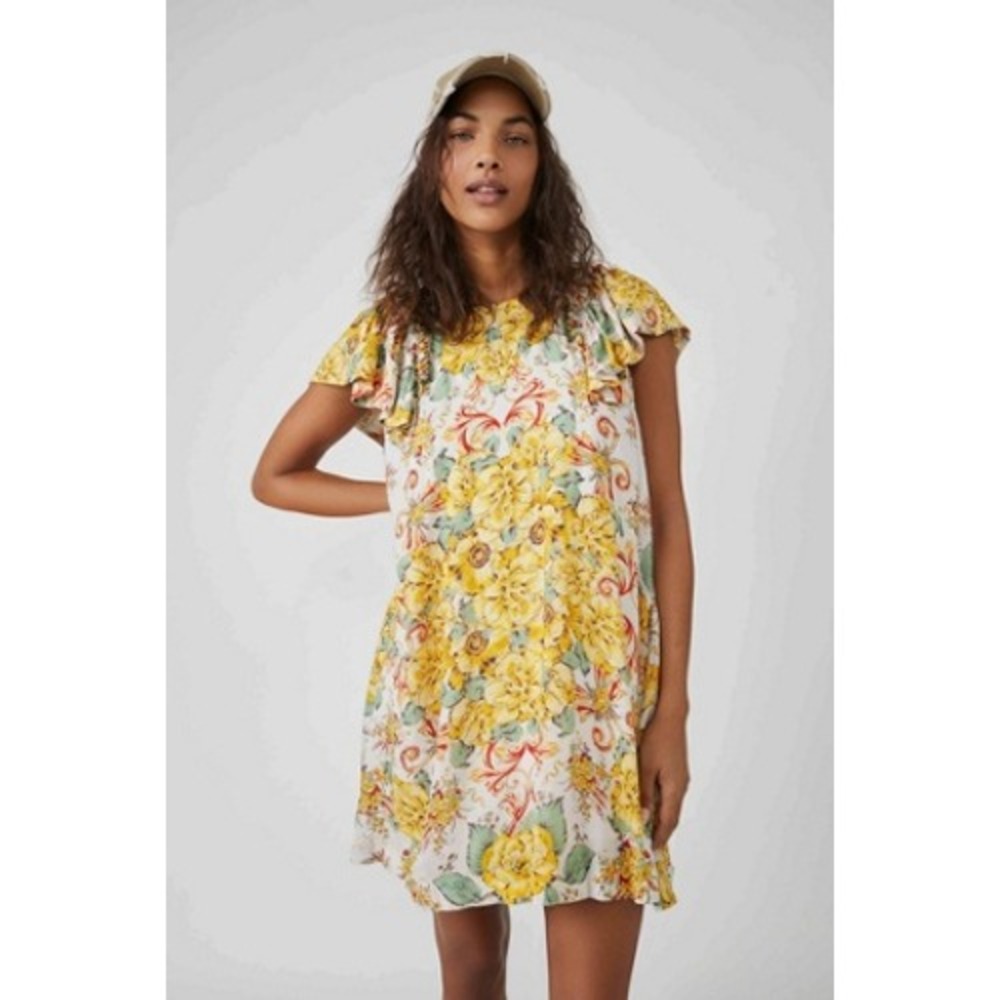 Free People Floral Mini Dress Womens S Yellow Ruffle Flutter Sleeve Trapeze Boho